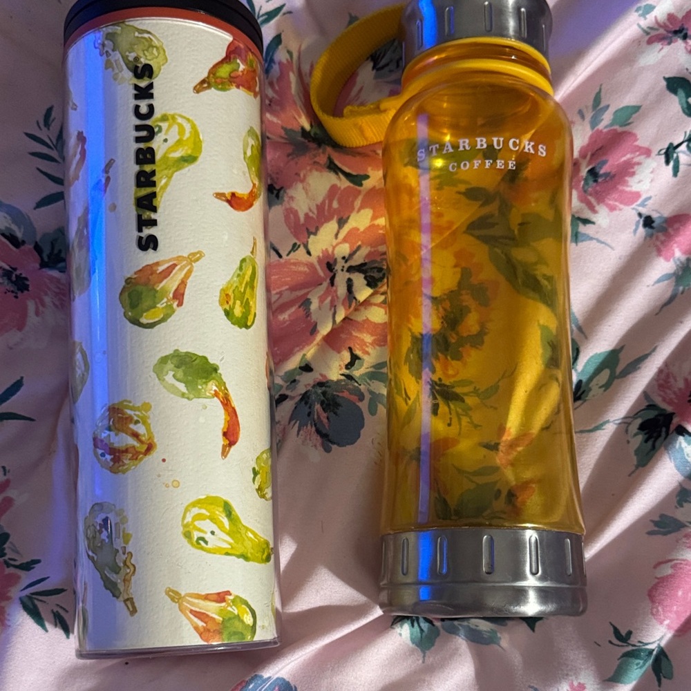 Starbucks Yellow Transparent Floral Water Bottle with Silver Accents